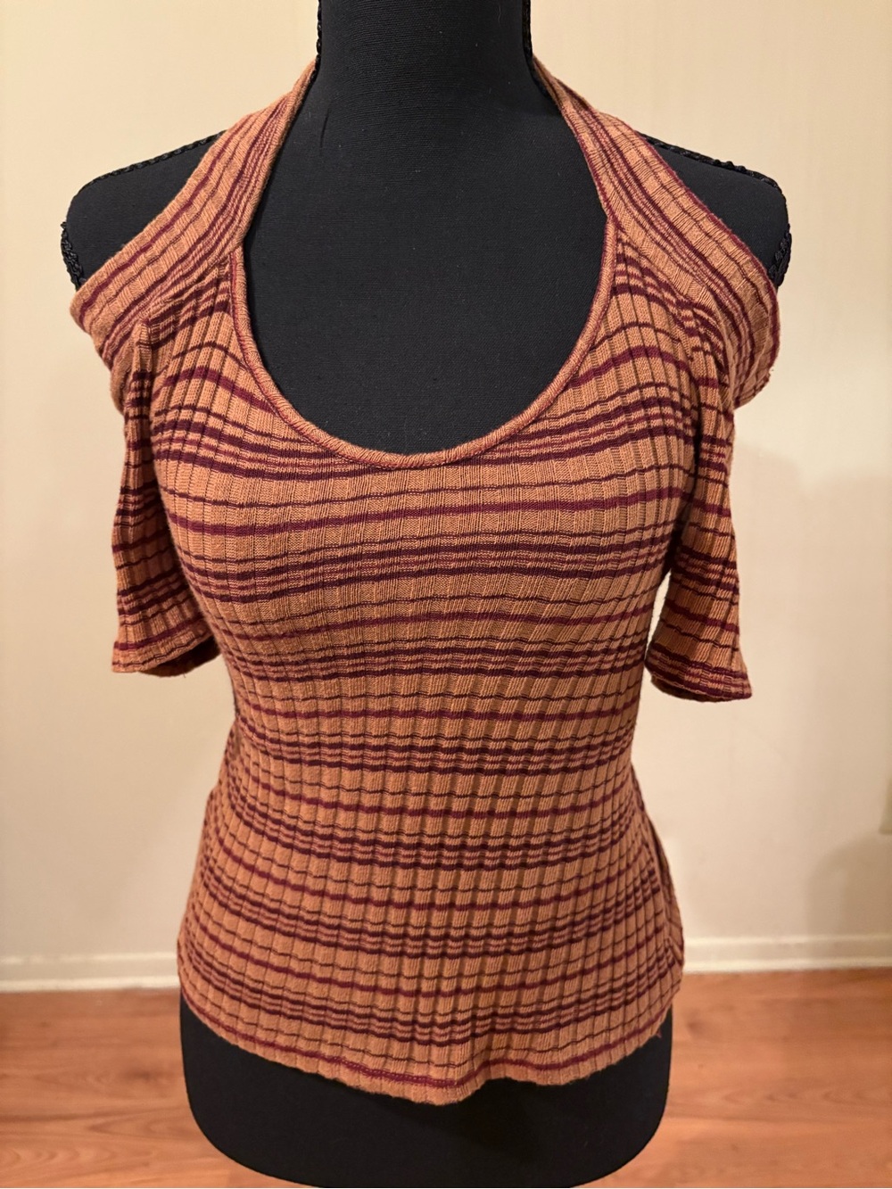 Urban Outfitters Striped Cold-Shoulder Tank Top in Rust and Burgundy